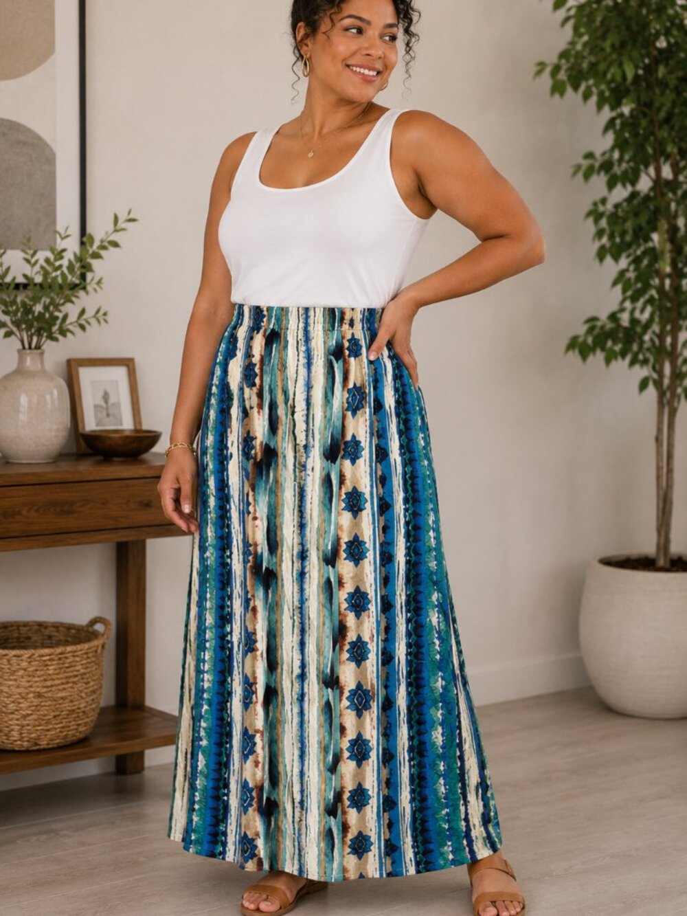 Kate's by Shela Women's Size 12 Blue Boho Abstract Print Maxi Skirt Pull-On Long